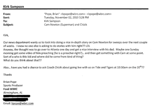 Illustration for article titled "Am I Sick? Are We All Sick?": Overwrought Things The Media Wrote To Auburn's PR Guy During Cam Newton's Wild 2010 Season